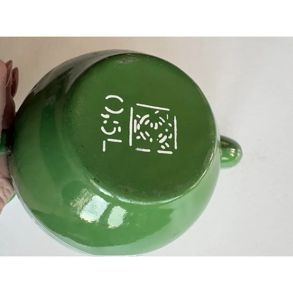 Vintage Small Green Floral Enamelware Hinged-Top Teapot 05L